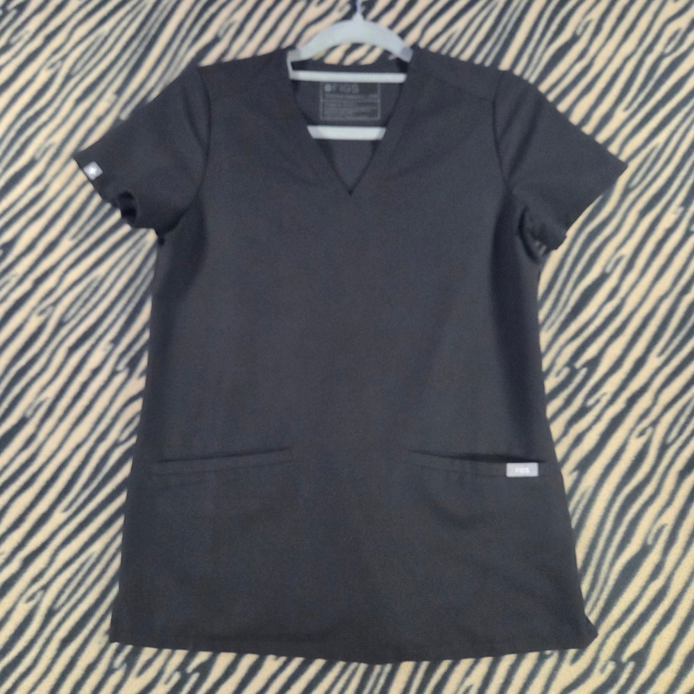FIGS Technical Collection Black V-Neck Scrub Top Two Pocket XXS Short Sleeve